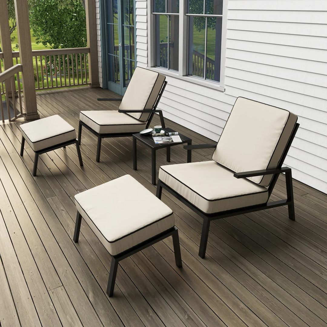 Archie Outdoor Patio Seating Set 2 Chairs 2 Ottoman and Table Set (Cream)