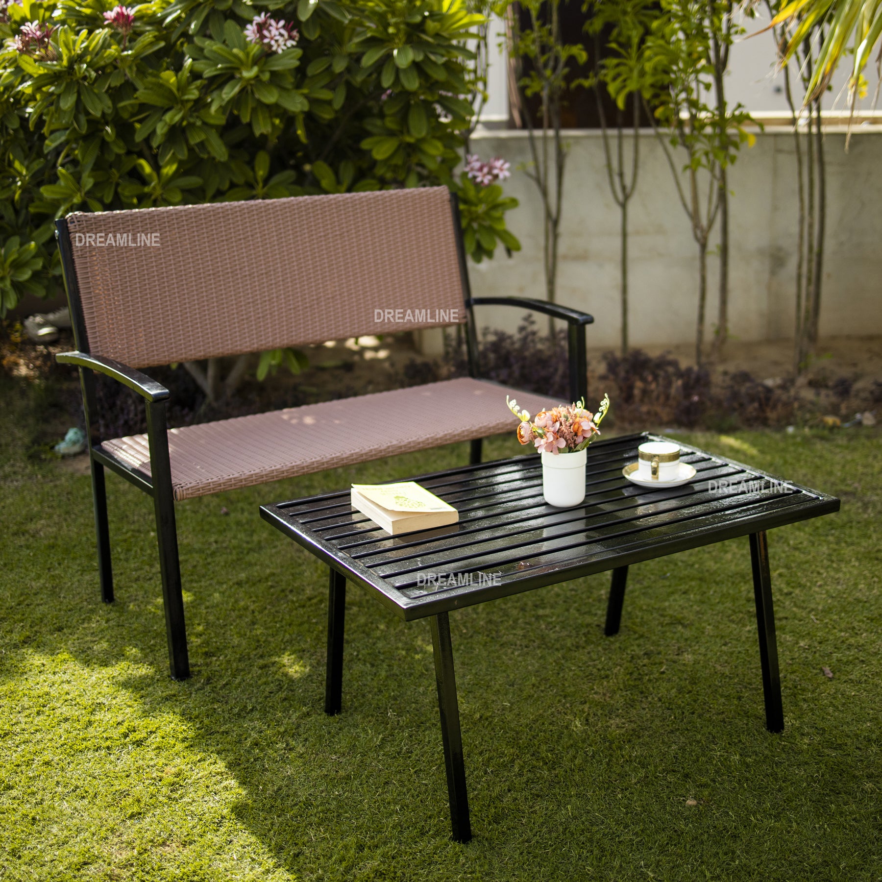 Rattan garden bench store with table