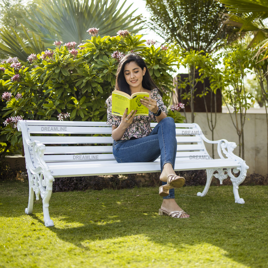 Zahraa Cast Iron 3 Seater Garden Bench for Outdoor Park - (White)