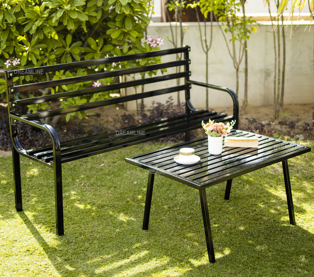 Boyle Metal Seater and Table Garden Bench for Outdoor Park (Black)