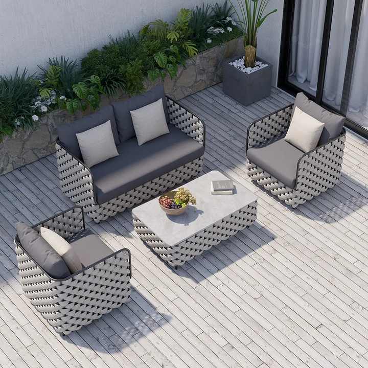 Fepel Outdoor Garden Balcony Sofa Set 2 Seater, 2 Single seater and 1 Center Table Set, Braid & Rope