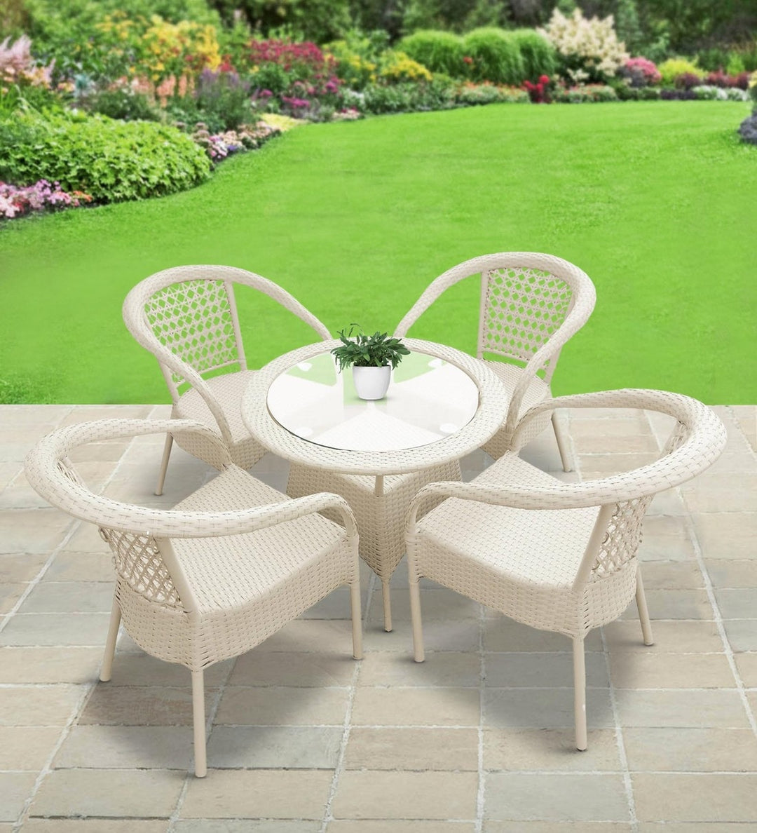 Dreamline Outdoor Furniture Garden Patio Seating Set 1+4 4 Chairs and Table Set Balcony Furniture Coffee Table Set (White)