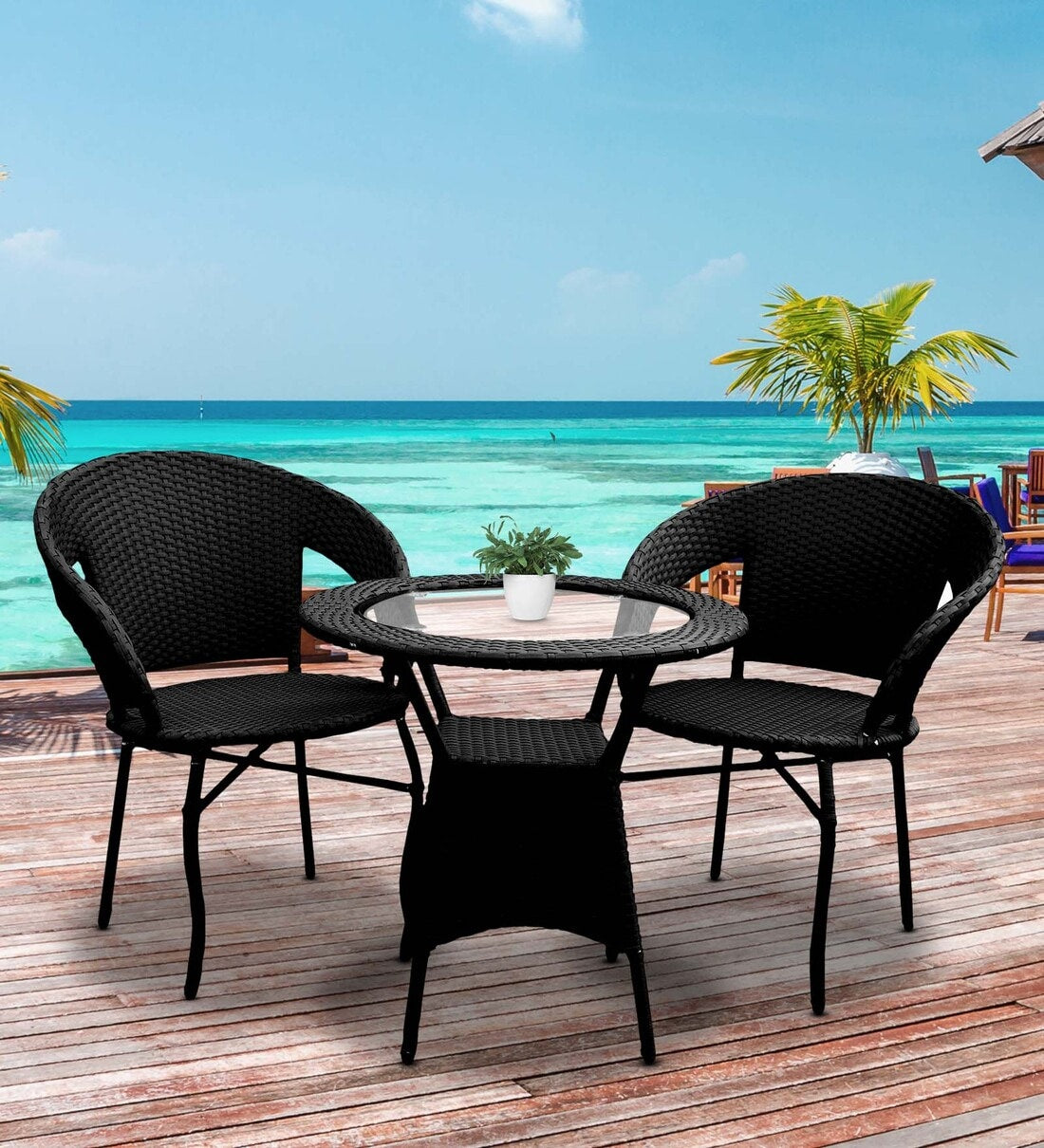 Dreamline Outdoor Furniture Garden Patio Seating Set 1+2 2 Chairs and Table Set Balcony Furniture Coffee Table Set (Black)