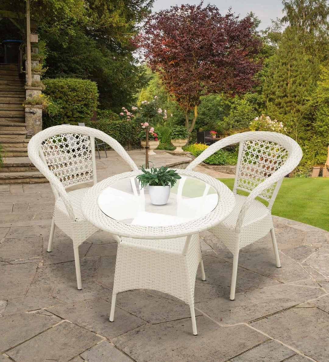 Dreamline Outdoor Furniture Garden Patio Seating Set 1+2 2 Chairs and Table Set Balcony Furniture Coffee Table Set (White)