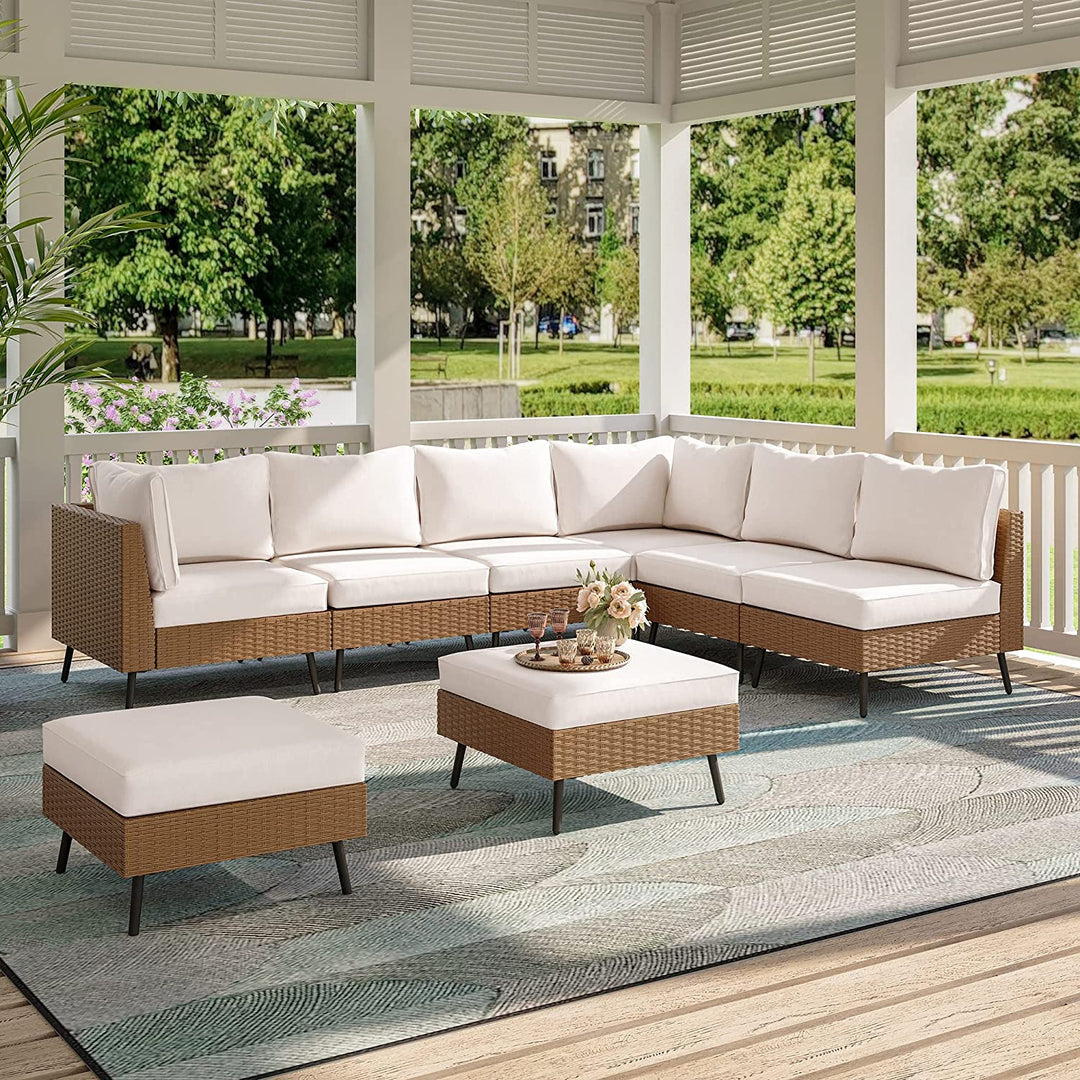 Ammar Outdoor Sofa Set 6 Seater and Single Seater with 2 Ottoman Set (Beige)