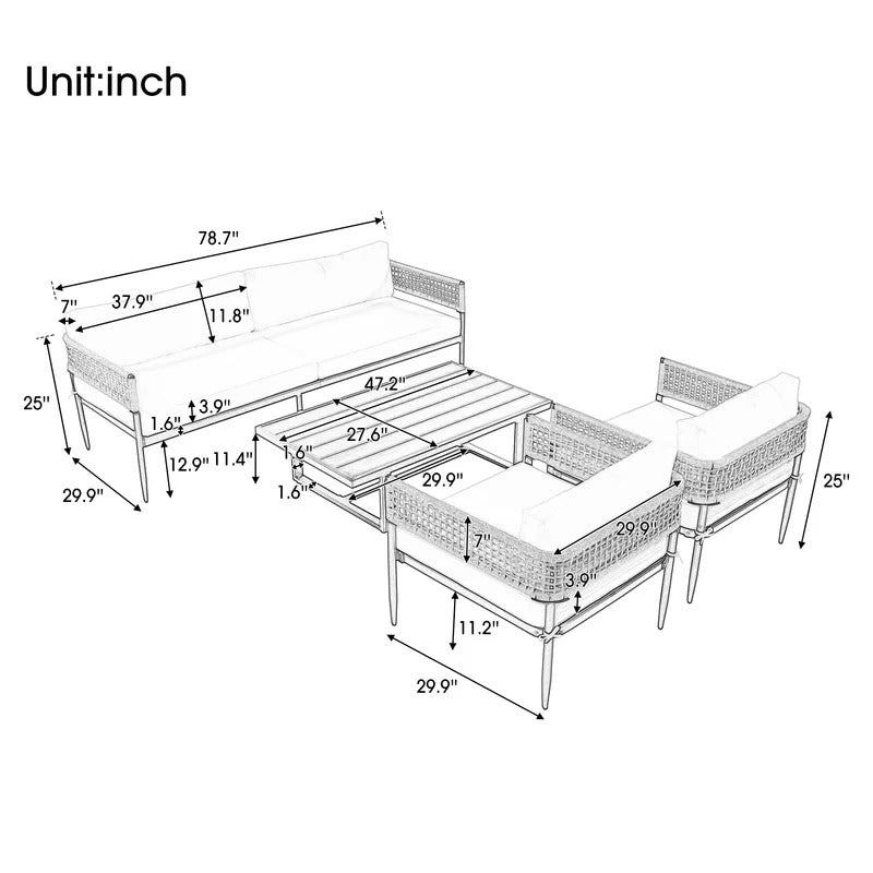 Furni Outdoor Sofa Set 3 Seater , 2 Single seater and 1 Center Table Set (Grey) Braided & Rope