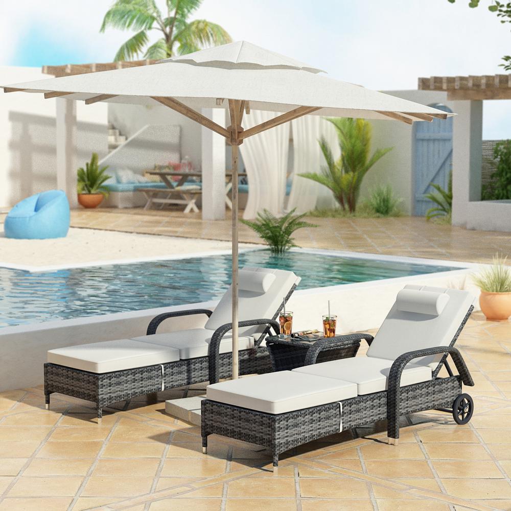 Dreamline Outdoor Furniture Poolside Lounger With Cushion (White) Swimming Pool Lounger (Set of 2 ) with 1 Central Table