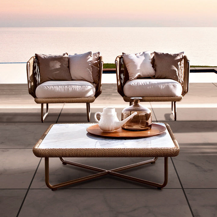 Hancy Outdoor Sofa Set 6 Seater , 2 Ottoman and 1 Center Table + 1 side table Set  (Tan + Beige) Braided & Rope